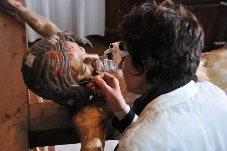 Conservator Milena Dean During Conservation of the Cristo Parlante Crucifix in San Francesco della Vigna