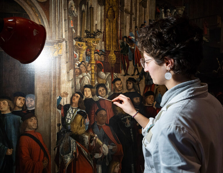 Conservator from CBC Conservazione Vittore Carpaccio Miracle of the Relic of the True Cross at the Rialto Bridge